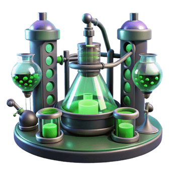 vibrant minimalist A futuristic laboratory filled with bubbling vials and strange machinery, eerie green light, biopunk style genuine png