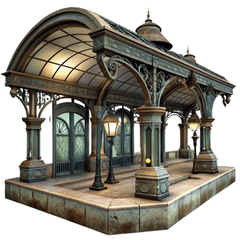 dramatic traditional An abandoned Art Nouveau metro station, dim gaslight, decaying elegance, ornate ironwork, dust motes in the air, faded posters on the walls original png