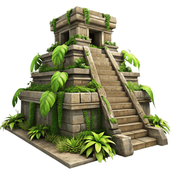 elegant modern A Mayan pyramid temple overgrown with jungle foliage, dappled sunlight, ancient, weathered stone, intricate carvings, vines hanging from the structure authentic png