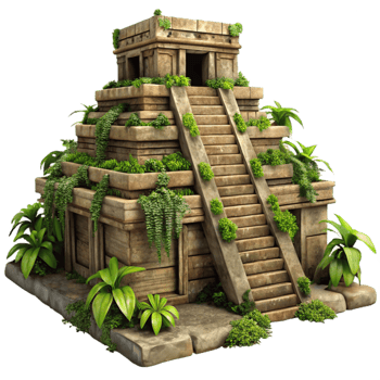 elegant classic A Mayan pyramid temple overgrown with jungle foliage, dappled sunlight, ancient, weathered stone, intricate carvings, vines hanging from the structure original png