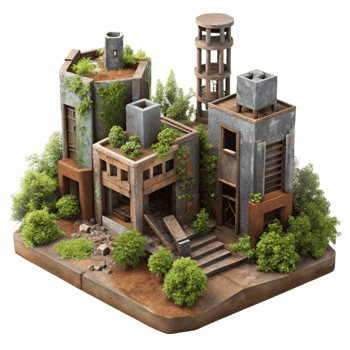 stunning modern A post apocalyptic city in ruins, overgrown with vegetation, overcast sky, desolate, crumbling buildings, rusted metal exclusive png