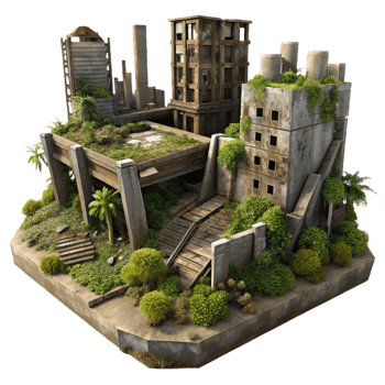 wonderful traditional A post apocalyptic city in ruins, overgrown with vegetation, overcast sky, desolate, crumbling buildings, rusted metal high resolution png