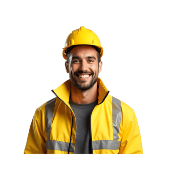 Smiling Construction Worker in Yellow Safety Helmet and Reflective Jacket Isolated on Transparent Background png
