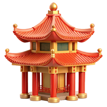 magnificent abstract A traditional Chinese pagoda in a misty mountain landscape, soft morning light, serene, ornate details, red and gold accents detailed png