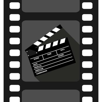 Clapperboard, film slate icon in movie filmstrip. Cinema movie icon symbol vector