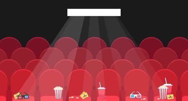 Empty movie theater hall template with red chairs and spotlight. Movie theater seats with popcorn, soda, 3d glasses and cinema tickets on it vector