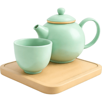 Teal Teapot and Teacups on Wooden Tray png