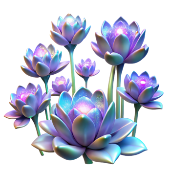 wonderful modern A field of blooming, iridescent flowers, with petals made of light and energy, illuminated by a soft, magical glow premium png
