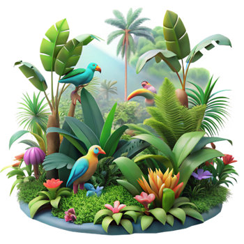vibrant contemporary A lush, vibrant jungle teeming with colorful exotic birds and bioluminescent flora, viewed through a hazy morning mist, in the style of a classical botanical illustration genuine png
