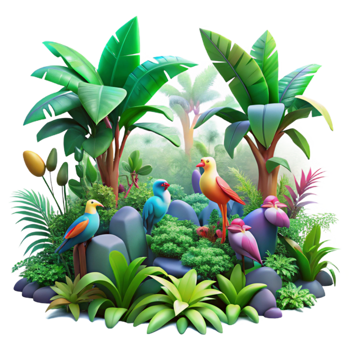 vibrant artistic A lush, vibrant jungle teeming with colorful exotic birds and bioluminescent flora, viewed through a hazy morning mist, in the style of a classical botanical illustration high quality png