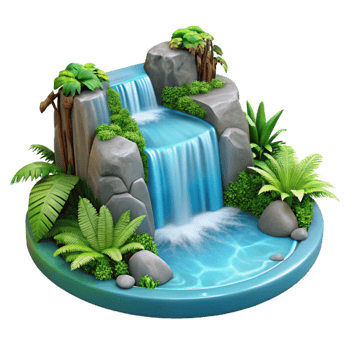 vibrant traditional A cascading waterfall plunging into a crystal clear pool, surrounded by lush ferns, in a hyperrealistic, detailed style high quality png