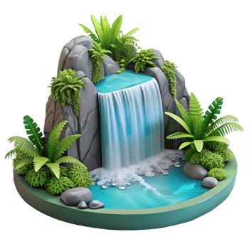 beautiful rustic A cascading waterfall plunging into a crystal clear pool, surrounded by lush ferns, in a hyperrealistic, detailed style high resolution png