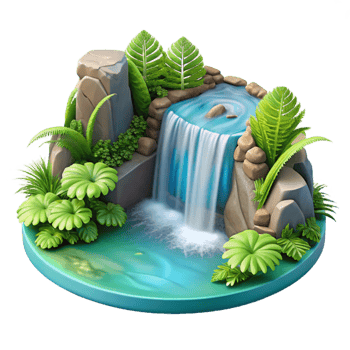 dramatic rustic A cascading waterfall plunging into a crystal clear pool, surrounded by lush ferns, in a hyperrealistic, detailed style premium png
