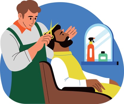 A barber cutting hair of his client, flat style illustration vector