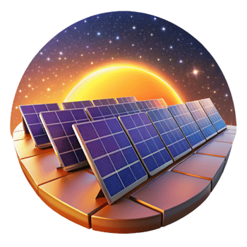 stunning contemporary A field of solar panels stretching towards the horizon under a vibrant, starry sky, rendered in a painterly style, warm, golden hour lighting genuine png
