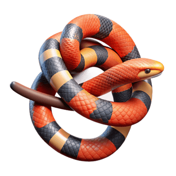 stunning rustic A vibrant coral snake coiled around a branch, rainforest setting with dappled light, hyperrealistic render premium png