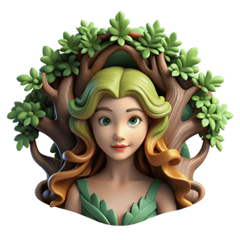 elegant creative A beautiful dryad emerging from the heart of a giant oak tree, her skin made of bark and leaves, her hair a cascade of vines and blossoms. Soft, natural lighting.... png