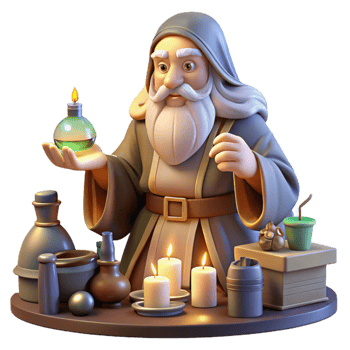 vibrant traditional A wise old wizard with a long white beard, studying a glowing orb in his cluttered workshop, surrounded by potions, scrolls, and magical artifacts. Warm, inviting lighting.... png