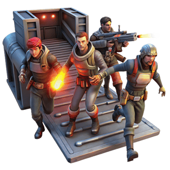 magnificent abstract A group of space pirates, wearing tattered clothing and wielding laser pistols, boarding a derelict spaceship, lit by the flickering red emergency lights.... png