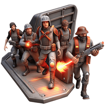 serene modern A group of space pirates, wearing tattered clothing and wielding laser pistols, boarding a derelict spaceship, lit by the flickering red emergency lights.... png