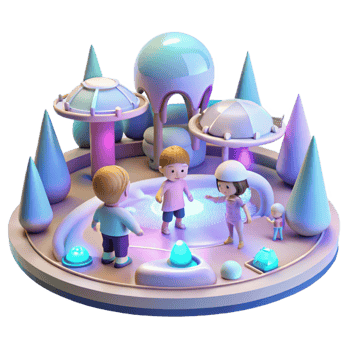 dramatic creative A group of children, playing with holographic toys in a futuristic park, illuminated by the soft, pastel colors of a simulated sky. Dreamlike and whimsical style professional png