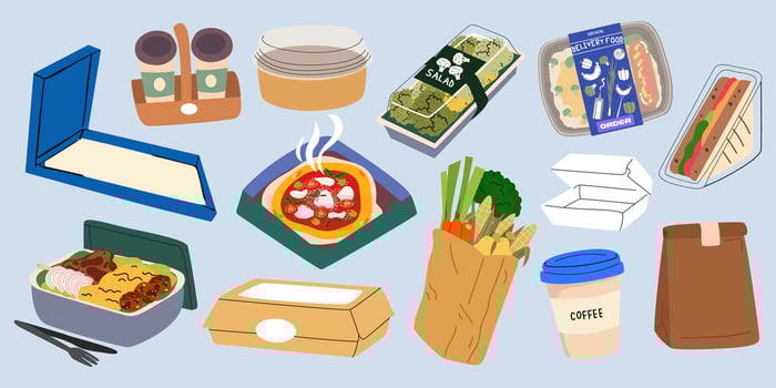 Take out food to home. Fast food delivery cartoon retro stickers vector