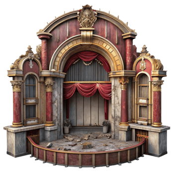 elegant vintage A dilapidated Art Nouveau theater, ornate carvings, peeling paint, dusty, dim interior lighting, melancholic, abandoned, high resolution png