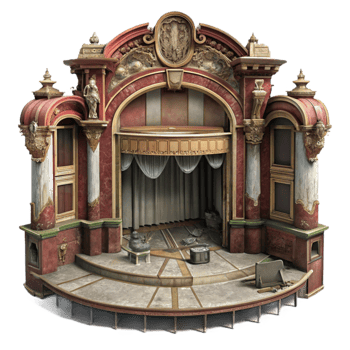 serene modern A dilapidated Art Nouveau theater, ornate carvings, peeling paint, dusty, dim interior lighting, melancholic, abandoned, high resolution png