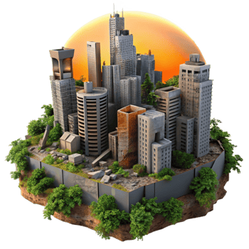 stunning classic A post apocalyptic city, crumbling skyscrapers, overgrown with vegetation, orange sunset lighting, desolate, haunting, detailed png