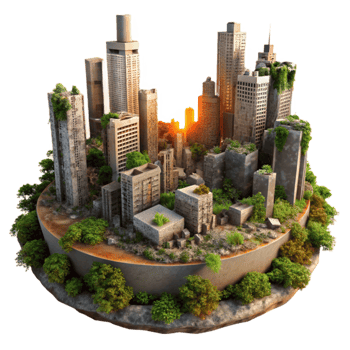 extraordinary abstract A post apocalyptic city, crumbling skyscrapers, overgrown with vegetation, orange sunset lighting, desolate, haunting, 4K png