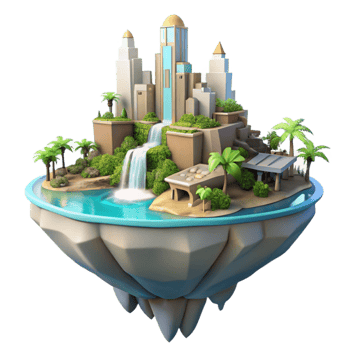 stunning modern A floating island with a futuristic city, waterfalls cascading down, vibrant tropical vegetation, bright daylight, utopian, paradise, detailed png
