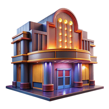 elegant abstract An art deco cinema, gleaming chrome and neon signage, illuminated by the warm glow of streetlights on a rainy night. Cinematic, slightly blurred high quality png