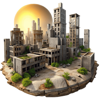 wonderful minimalist A deserted, post apocalyptic cityscape, crumbling buildings and overgrown vegetation, harsh midday sun. Dystopian, gritty high quality png