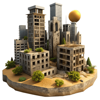 serene traditional A deserted, post apocalyptic cityscape, crumbling buildings and overgrown vegetation, harsh midday sun. Dystopian, gritty high resolution png