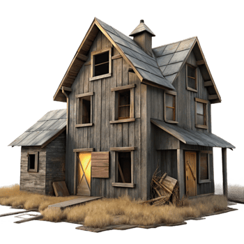 wonderful traditional A desolate, abandoned farmhouse, weathered wood and broken windows, harsh, overcast lighting. Rural, melancholic high quality png