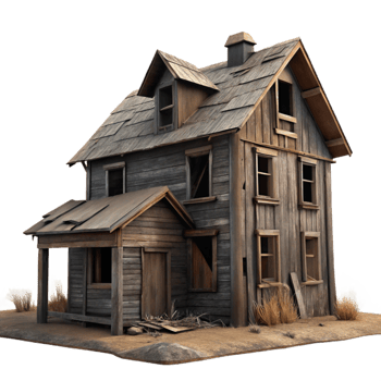 stunning traditional A desolate, abandoned farmhouse, weathered wood and broken windows, harsh, overcast lighting. Rural, melancholic 4K png