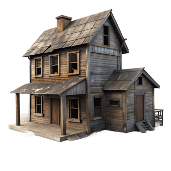 beautiful rustic A desolate, abandoned farmhouse, weathered wood and broken windows, harsh, overcast lighting. Rural, melancholic detailed png