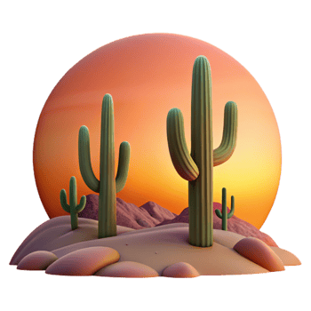serene classic A desert landscape at sunset, with towering cacti silhouetted against the fiery sky, graphic novel style original png