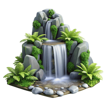 extraordinary rustic A cascading waterfall flowing over moss covered rocks, surrounded by lush ferns, photorealistic style premium png