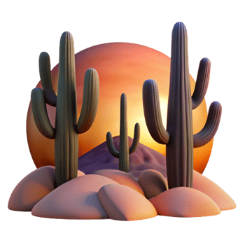 magnificent contemporary A desert landscape at sunset, with towering cacti silhouetted against the fiery sky, graphic novel style authentic png
