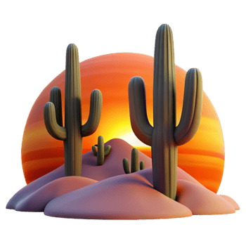 stunning minimalist A desert landscape at sunset, with towering cacti silhouetted against the fiery sky, graphic novel style high quality png