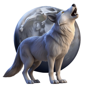 vibrant contemporary A lone wolf howling at the full moon in a snow covered forest, dramatic lighting, realistic animal portrait style detailed png