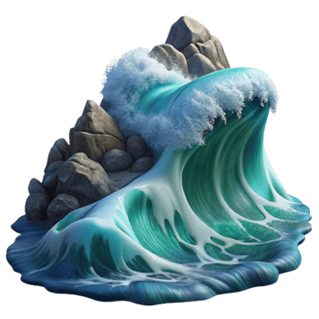 impressive creative A giant wave crashing on a rocky shore, dramatic lighting and motion blur, seascape painting style authentic png
