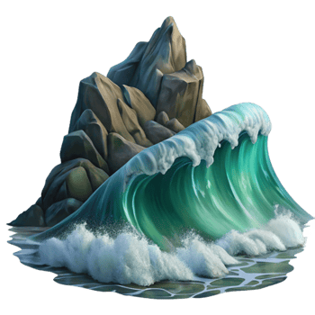 serene artistic A giant wave crashing on a rocky shore, dramatic lighting and motion blur, seascape painting style premium png