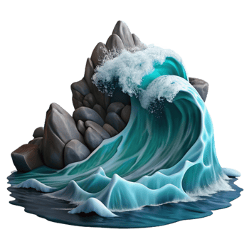 vibrant rustic A giant wave crashing on a rocky shore, dramatic lighting and motion blur, seascape painting style professional png