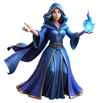 serene abstract A powerful sorceress with flowing robes of midnight blue, casting a spell of shimmering light, dramatic Rembrandt lighting, fantasy art style premium png