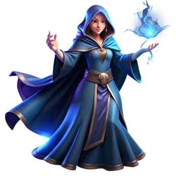 elegant minimalist A powerful sorceress with flowing robes of midnight blue, casting a spell of shimmering light, dramatic Rembrandt lighting, fantasy art style authentic png