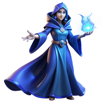 serene abstract A powerful sorceress with flowing robes of midnight blue, casting a spell of shimmering light, dramatic Rembrandt lighting, fantasy art style high quality png