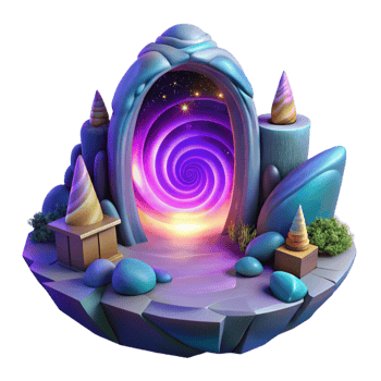 elegant creative A hidden portal swirling with cosmic energy, surrounded by floating islands, vibrant neon colors, psychedelic art style high quality png