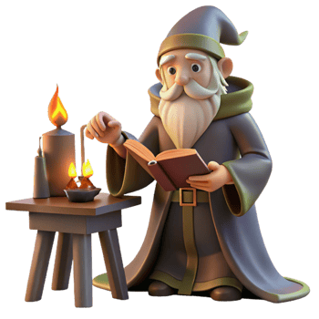 beautiful minimalist A wise old wizard casting a spell in his study, warm, firelight, Rembrandt style premium png